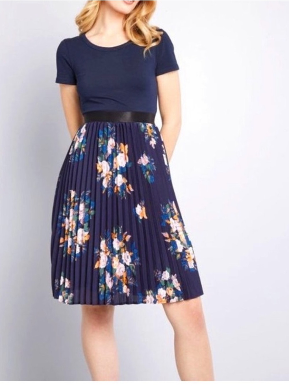 ModCloth Navy Blue Top Floral Midi Dress with Pink and Orange Flowers